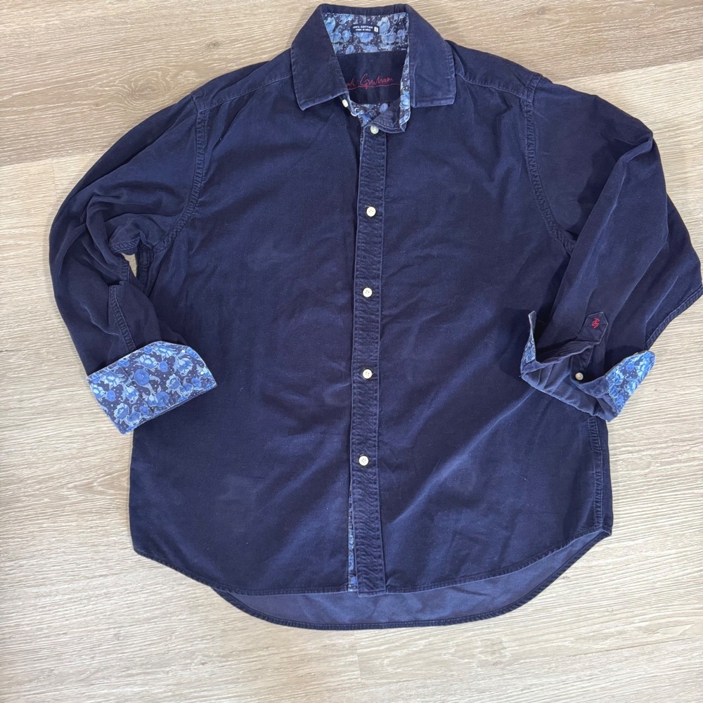 Robert Graham Button Down Shirt Mens Large Navy Blue Corduroy Floral Trim